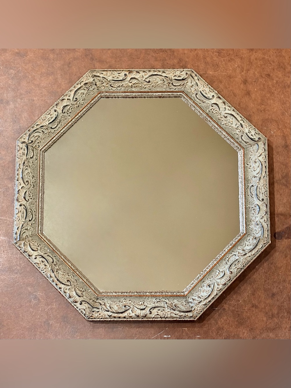 Vintage- Set of 2- Octagonal Wooden Mirrors in Distressed Cream, Copper Paint